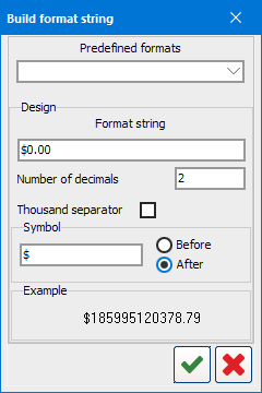 Build format string dialog. Has a drop-down at the top to select predefined formats: generic, price, and summa. Set the format in the format string text box. You can also set the number of decimals, toggle the thousand separator, set whether symbols appear before or after the number. There is a preview of the number format at the bottom of the dialog.